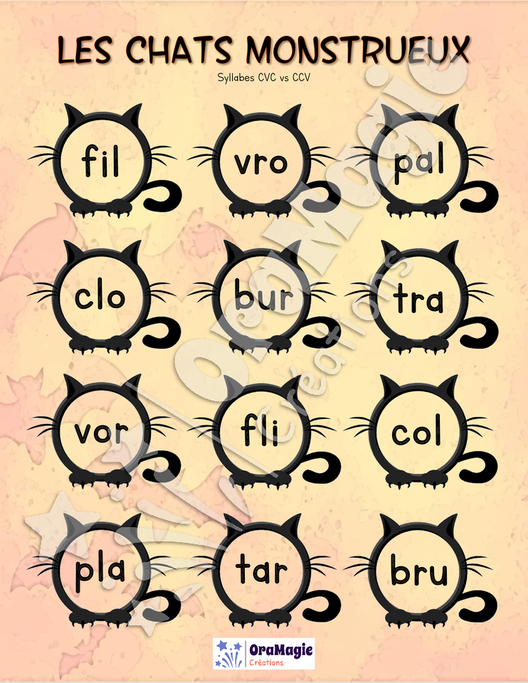 Les chats monstrueux - Décodage syllabes CV-CCV-CVC