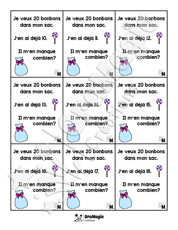 Compléments à 20 - Cartes rééducation mathématique