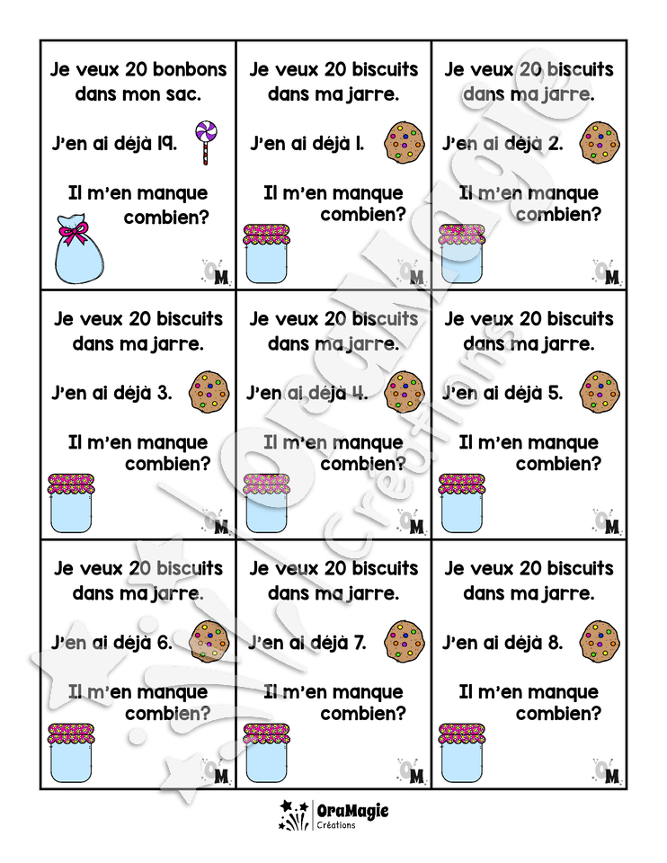 Compléments à 20 - Cartes rééducation mathématique