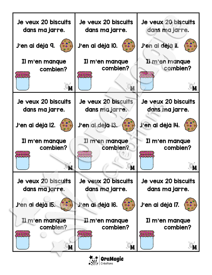 Compléments à 20 - Cartes rééducation mathématique