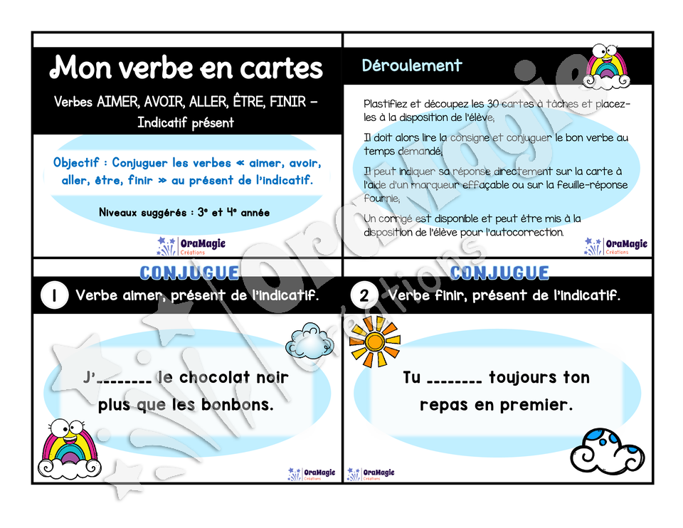 Cartes à tâches - Mon verbe en cartes - Verbes AIMER, ALLER, AVOIR, ÊTRE, FINIR présent de l'indicatif - 3e et 4e année.pdf