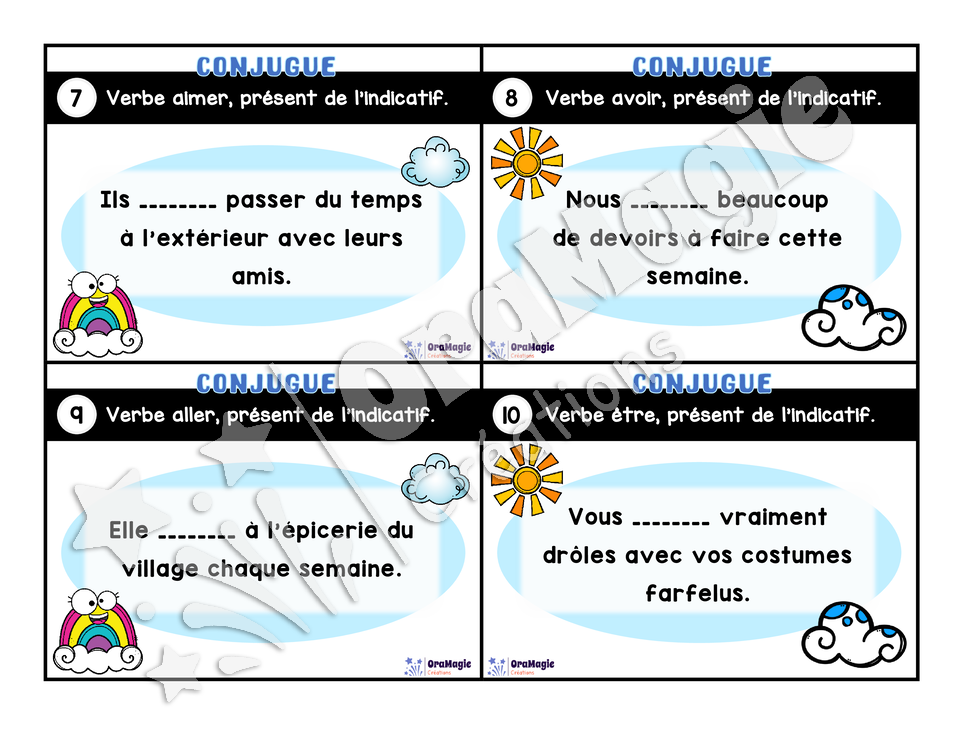 Cartes à tâches - Mon verbe en cartes - Verbes AIMER, ALLER, AVOIR, ÊTRE, FINIR présent de l'indicatif