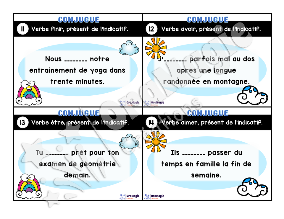Cartes à tâches - Mon verbe en cartes - Verbes AIMER, ALLER, AVOIR, ÊTRE, FINIR présent de l'indicatif