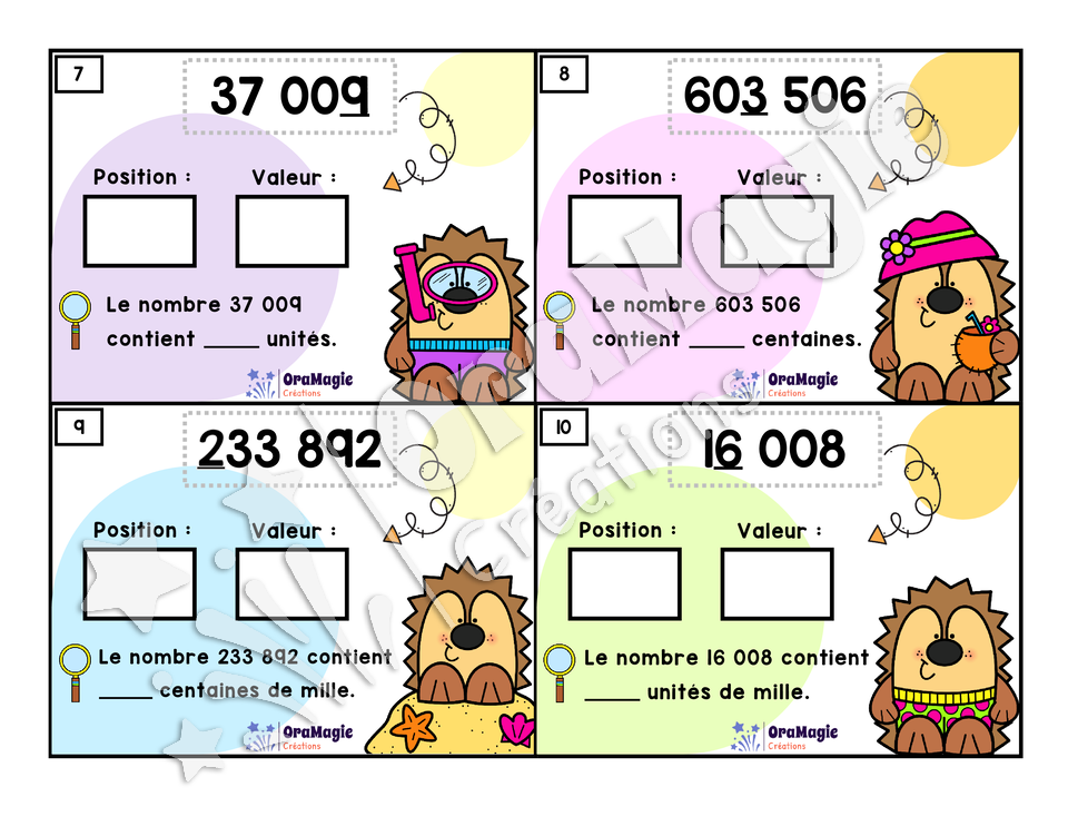 Cartes à tâches - Nombres en vacances - Valeur de position