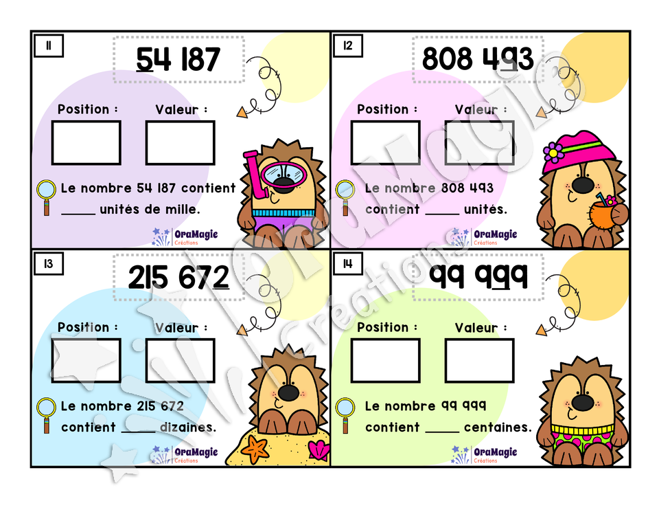Cartes à tâches - Nombres en vacances - Valeur de position