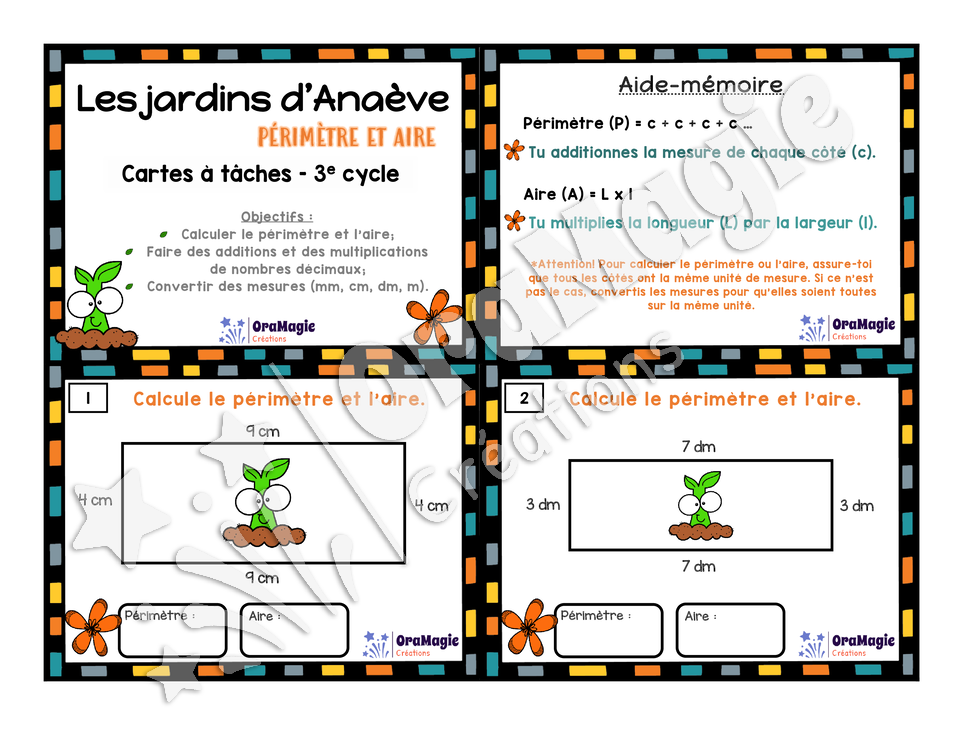 Cartes à tâches - Les jardins d'Anaève - Aire et périmètre - 5e et 6e année.pdf