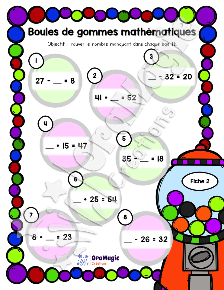 Boules de gommes mathématiques - Nombre manquant - 3e et 4e années