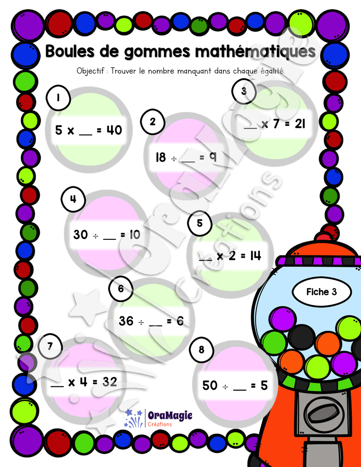 Boules de gommes mathématiques - Nombre manquant - 3e et 4e années