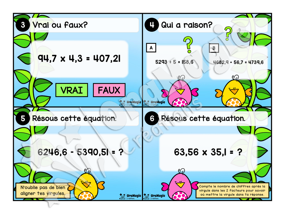 Cartes à tâches - Haricots-décimaux - 4 opérations avec les décimaux