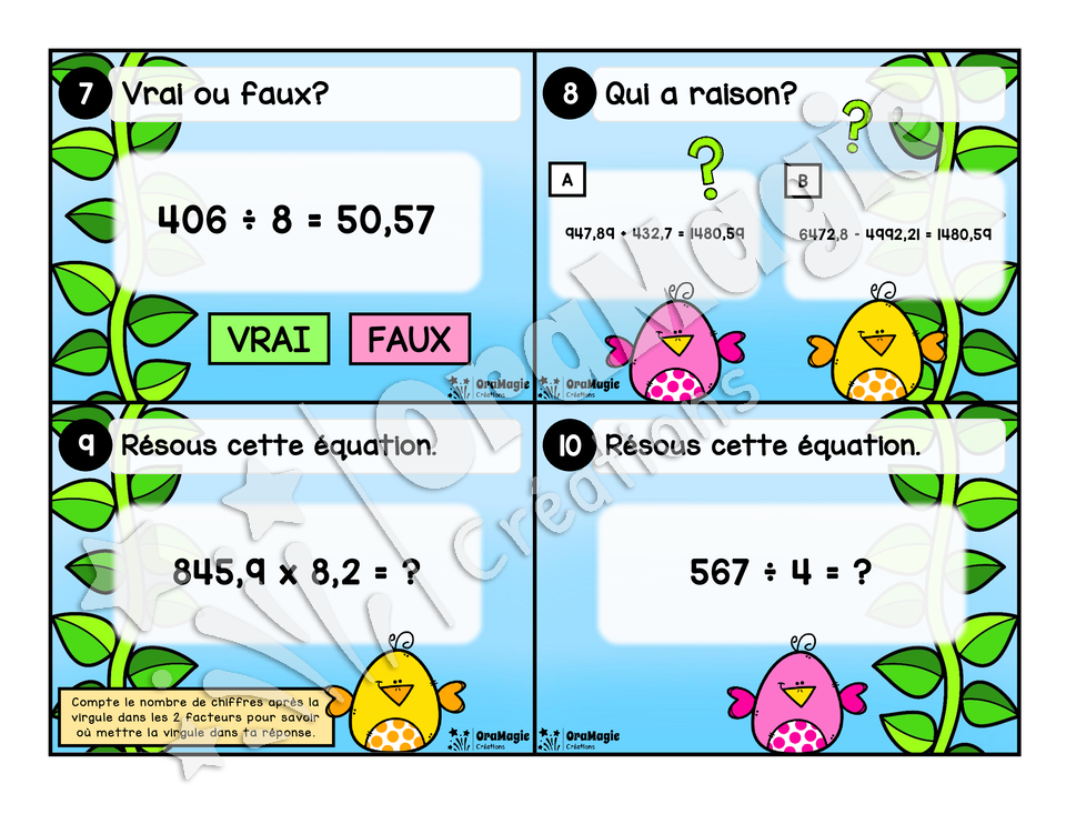Cartes à tâches - Haricots-décimaux - 4 opérations avec les décimaux