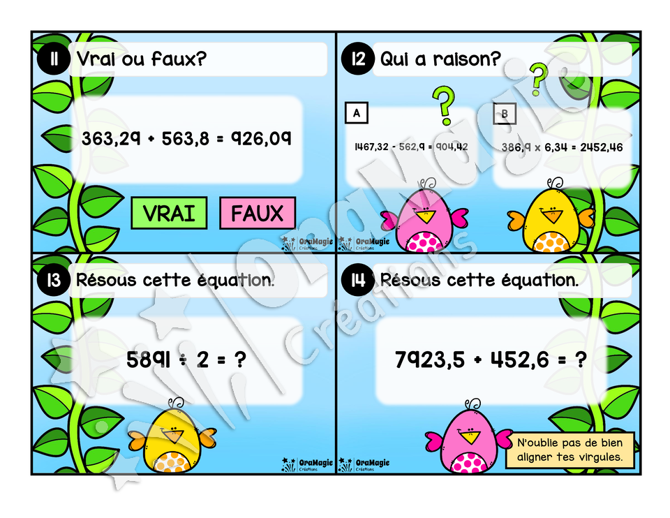 Cartes à tâches - Haricots-décimaux - 4 opérations avec les décimaux