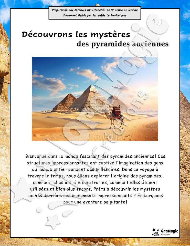 Découvrons les mystères des pyramides anciennes - Compréhension lecture 4e année - Préparation examen ministère - 4$.pdf