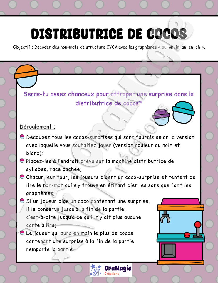 Distributrice de cocos - Décodage non-mots CVCV avec graphèmes -an, en, in, on, ou, ch- 1re année - 4$.pdf