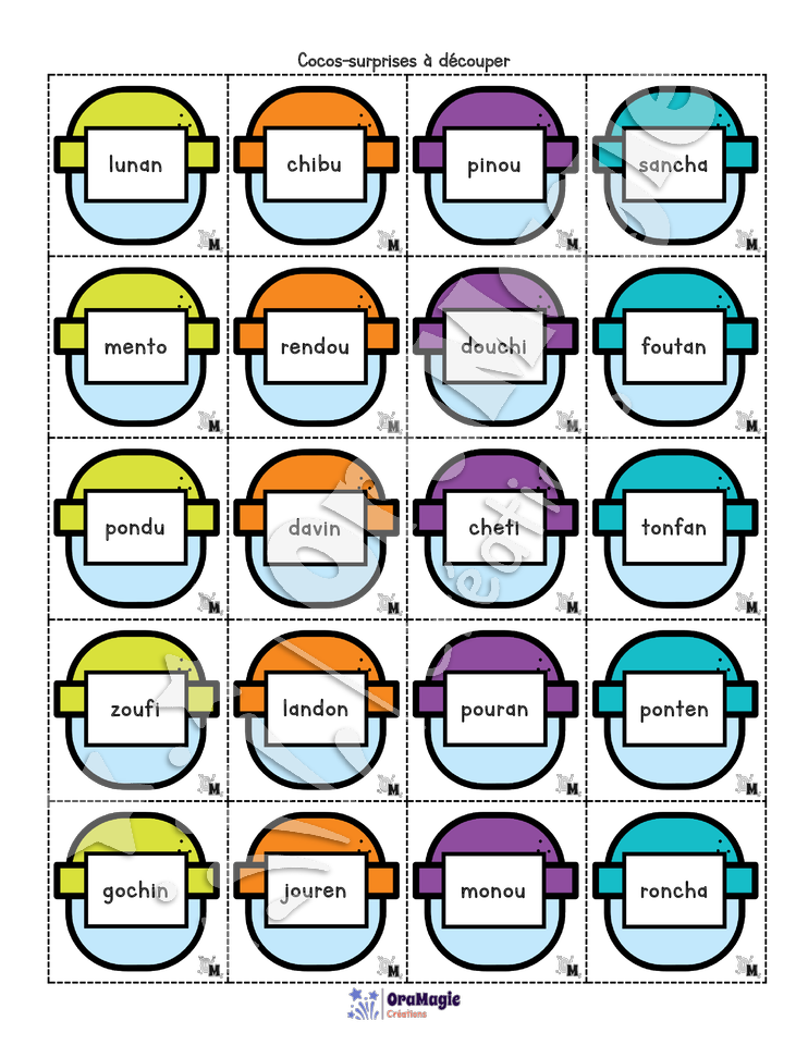 Distributrice de cocos - Décodage non-mots CVCV avec graphèmes -an, en, in, on, ou, ch