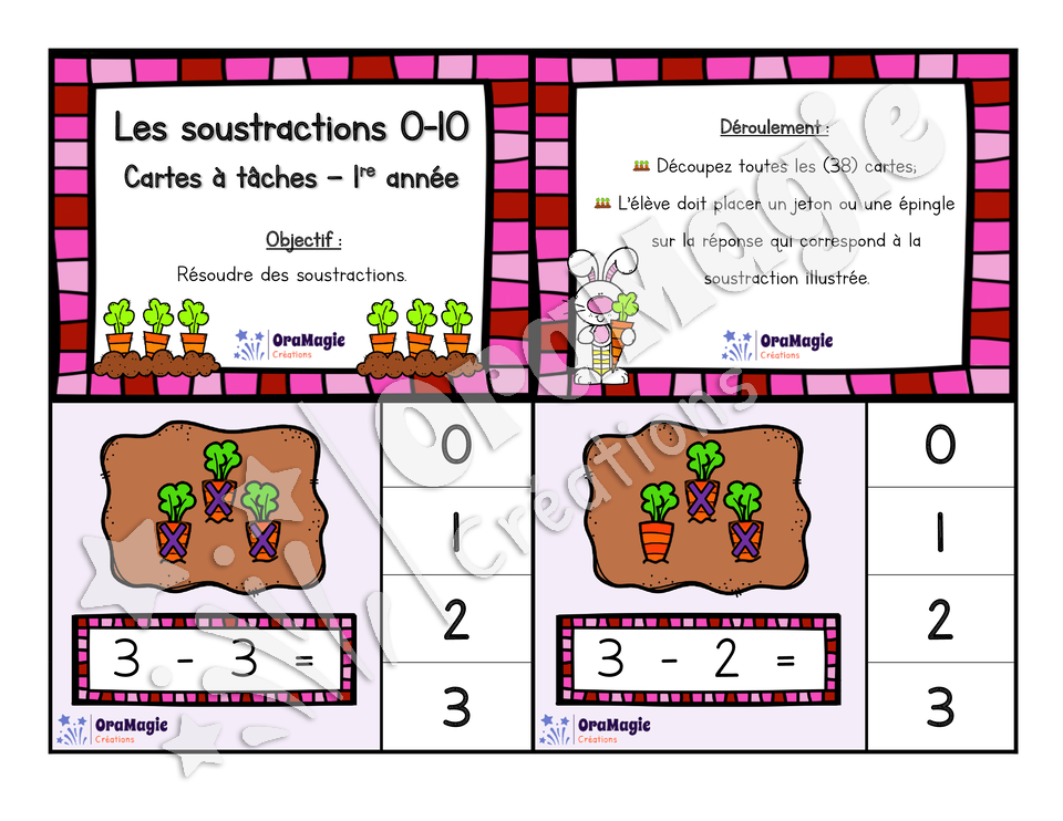 Cartes à tâches - Les soustractions 0 à 10 - 1re année - Pâques - Mathématiques.pdf