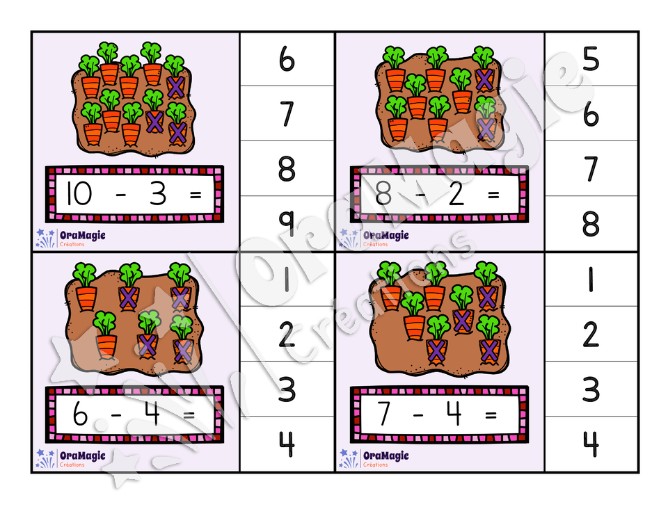 Cartes à tâches - Les soustractions 0 à 10 - Pâques