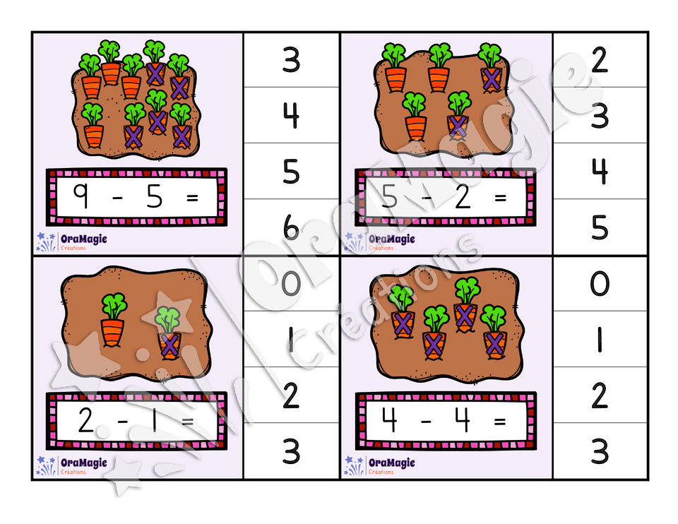 Cartes à tâches - Les soustractions 0 à 10 - Pâques