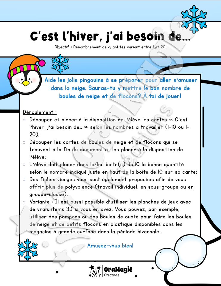 C'est l'hiver, j'ai besoin de... - Dénombrement 1-20 avec boites de 10 - Préscolaire et 1re année.pdf