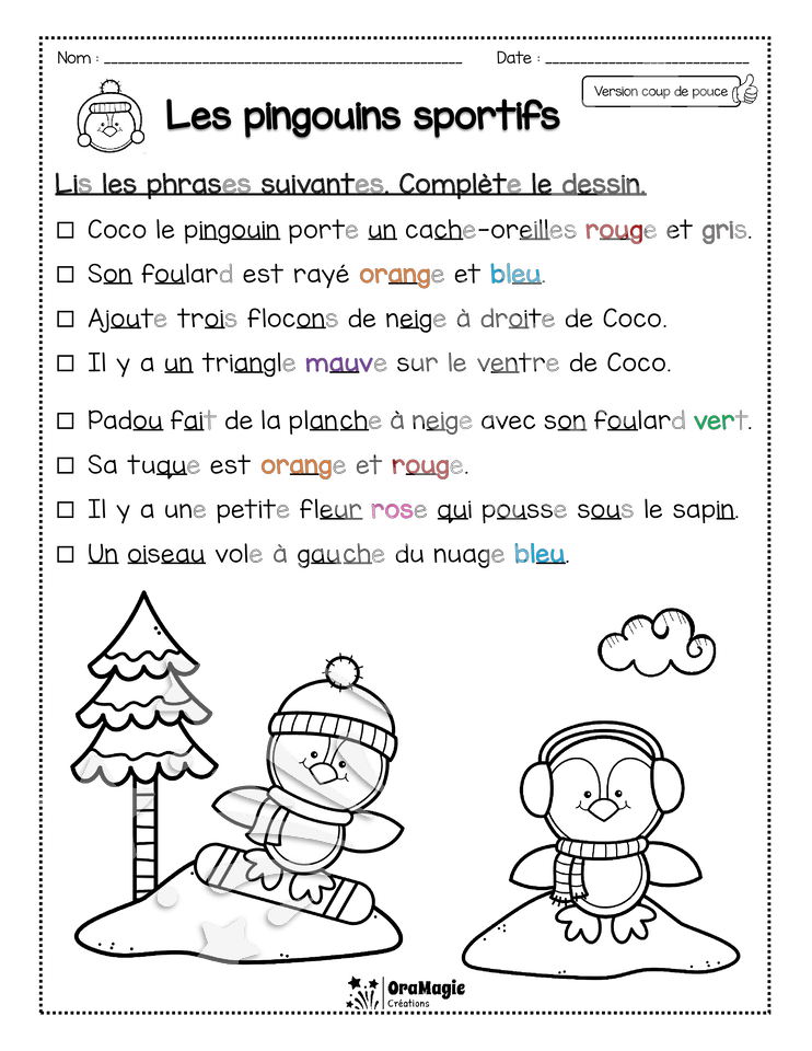 Compréhension de lecture - Lis et colorie - Les pingouins sportifs