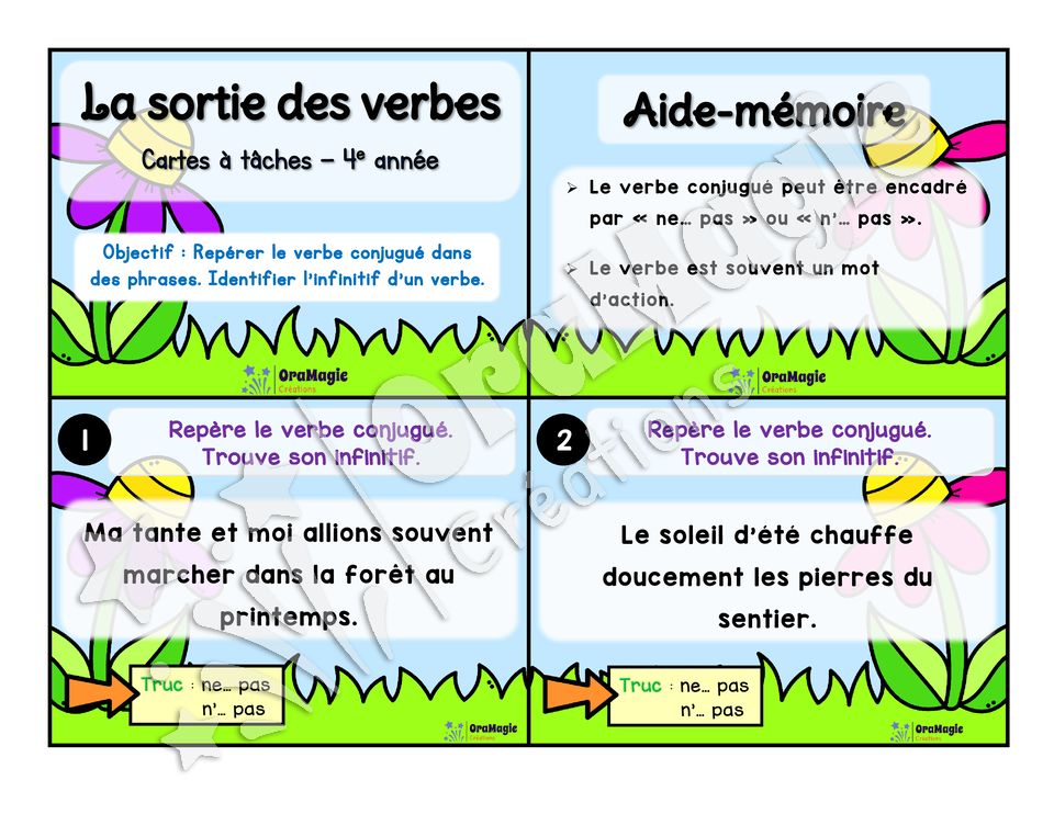 Cartes à tâches - La sortie des verbes  - Repérer le verbe conjugué dans une phrase - 4e année.pdf