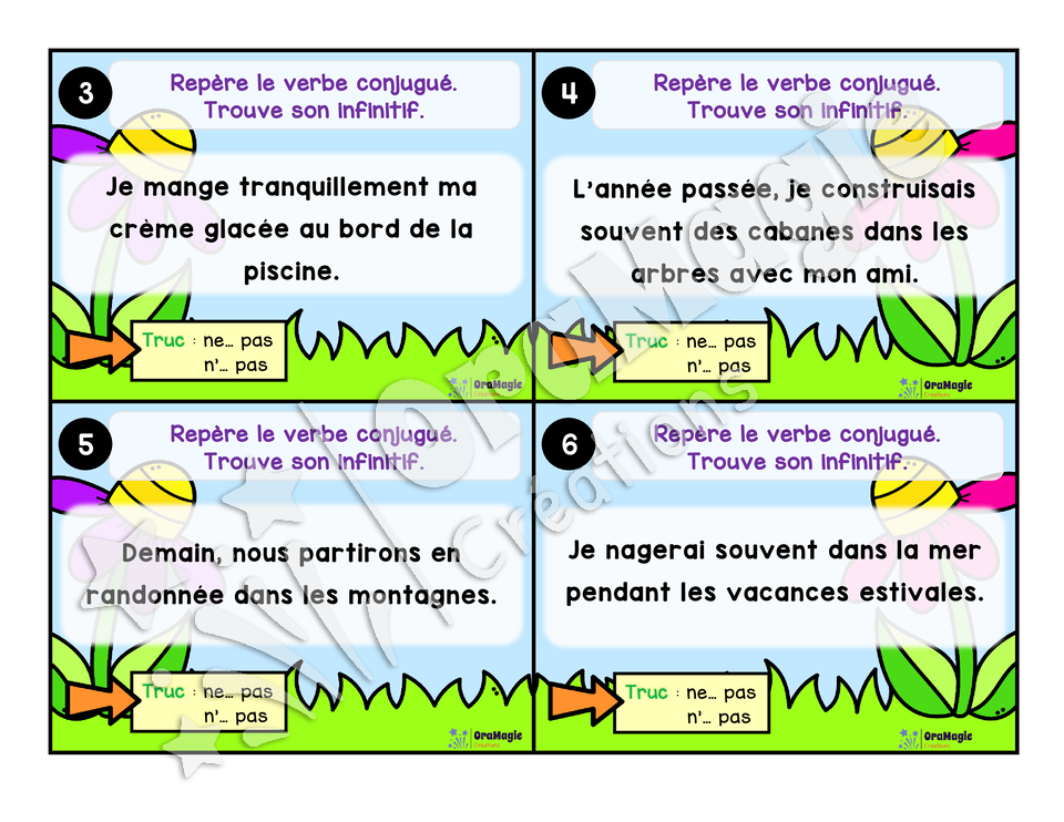 Cartes à tâches - La sortie des verbes - Repérer le verbe conjugué dans une phrase - 4e année