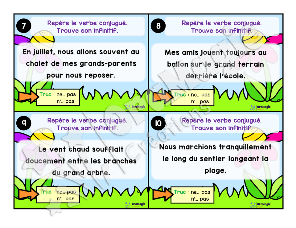 Cartes à tâches - La sortie des verbes - Repérer le verbe conjugué dans une phrase - 4e année