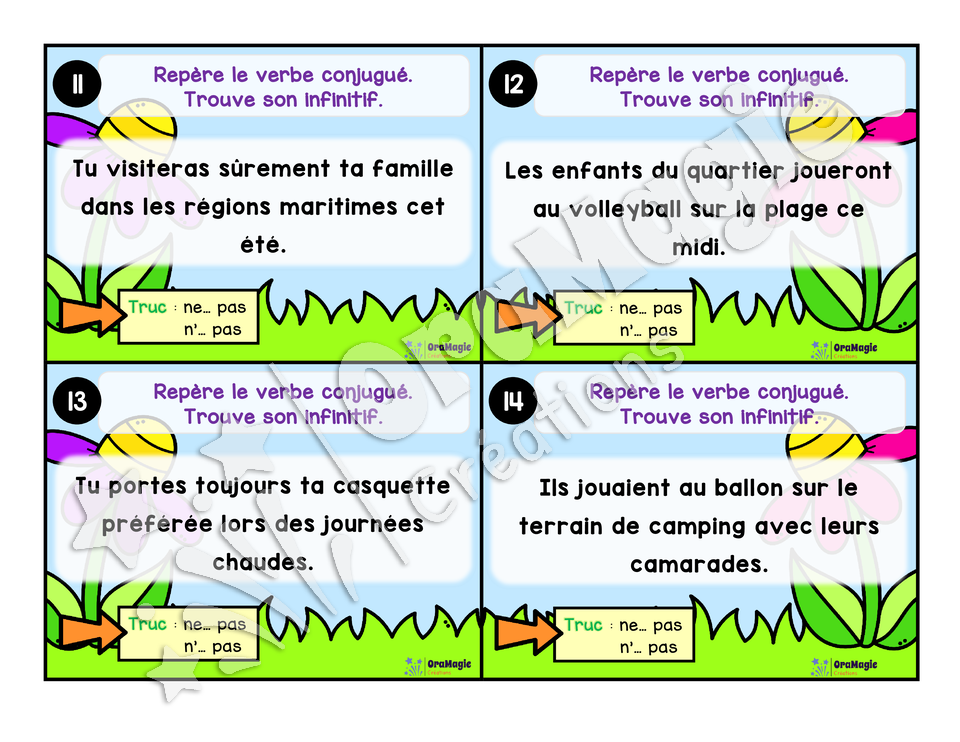 Cartes à tâches - La sortie des verbes - Repérer le verbe conjugué dans une phrase - 4e année