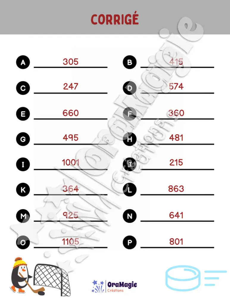 Additions de grands nombres - Hockey
