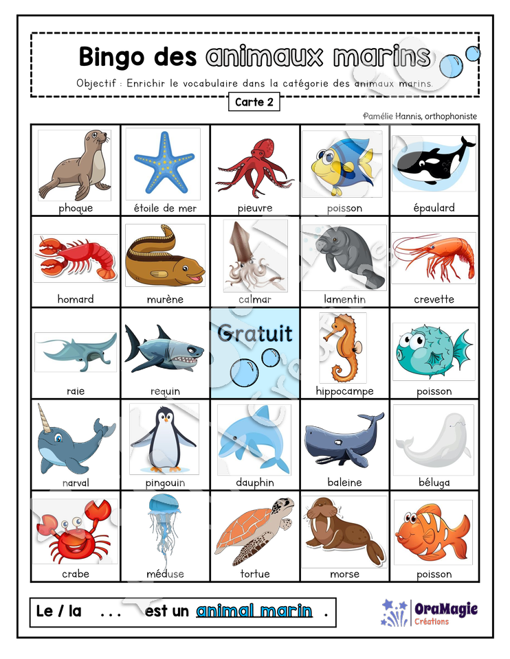 Bingo des animaux marins - 3 cartes