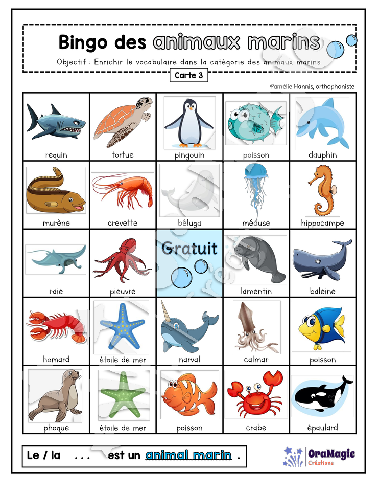 Bingo des animaux marins - 3 cartes