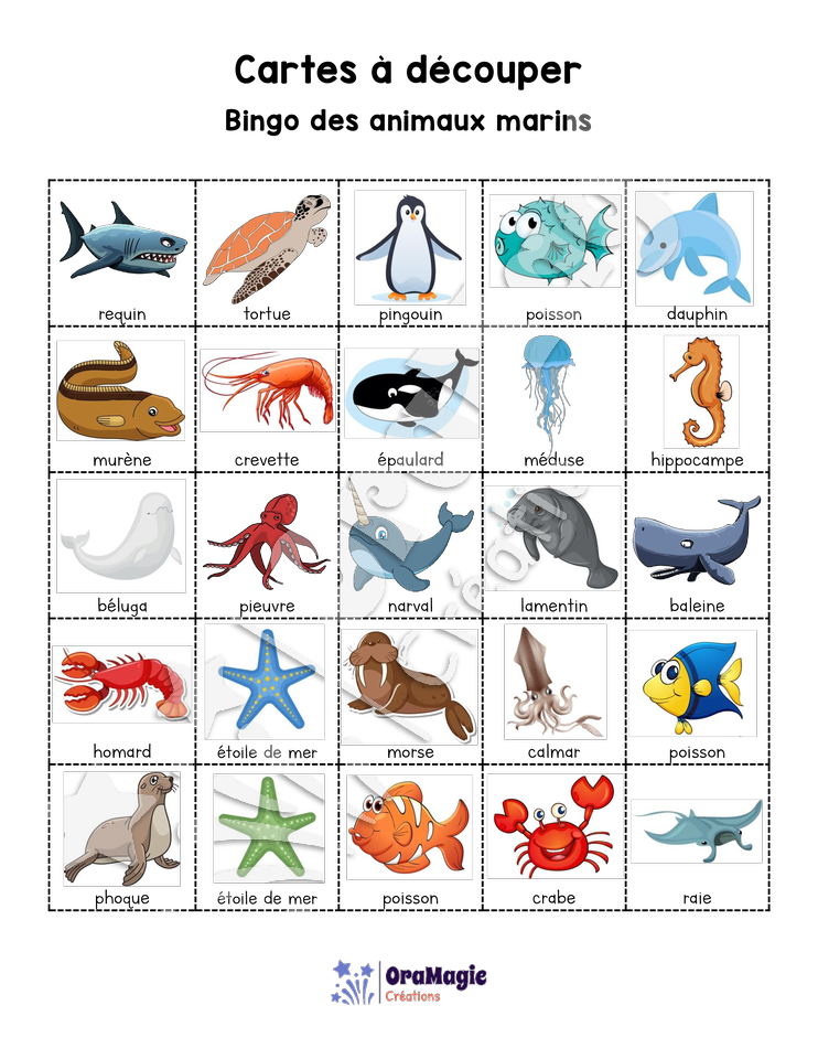 Bingo des animaux marins - 3 cartes