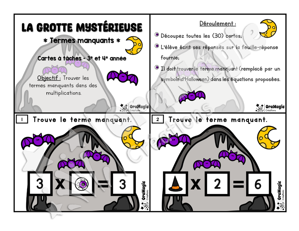 Cartes à tâches - Halloween - La grotte mystérieuse - Terme manquant multiplications - 3e-4e année - Mathématiques - 6$.pdf