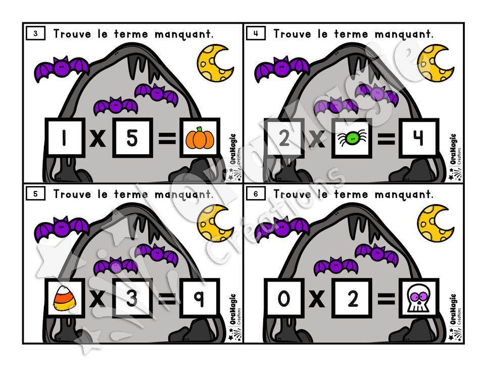 Cartes à tâches - La grotte mystérieuse - Nombre manquant multiplications - 3e-4e année