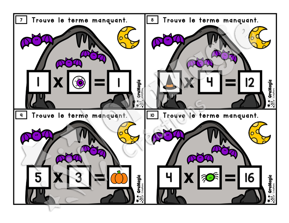 Cartes à tâches - La grotte mystérieuse - Nombre manquant multiplications - 3e-4e année