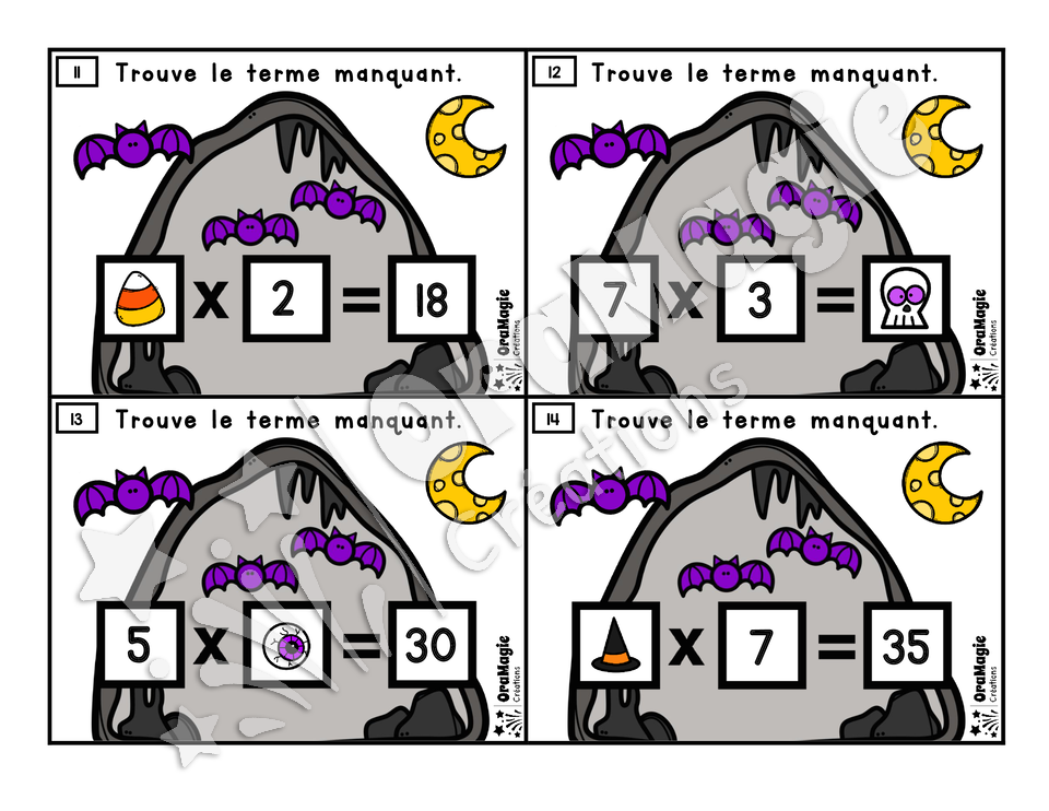 Cartes à tâches - La grotte mystérieuse - Nombre manquant multiplications - 3e-4e année