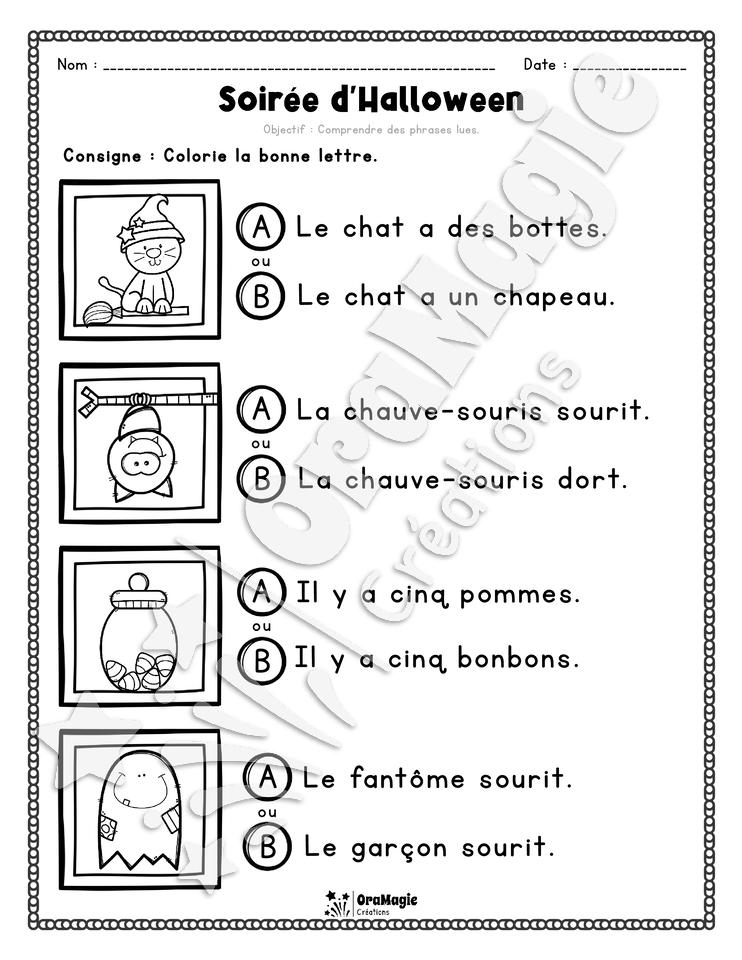 Compréhension de lecture - Trouve la bonne phrase - Soirée d'Halloween - 1re année.pdf