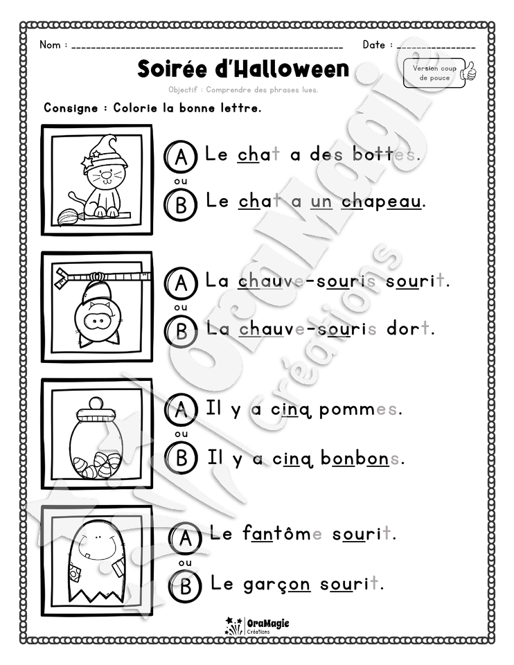 Compréhension de lecture - Trouve la bonne phrase - Soirée d'Halloween - 1re année