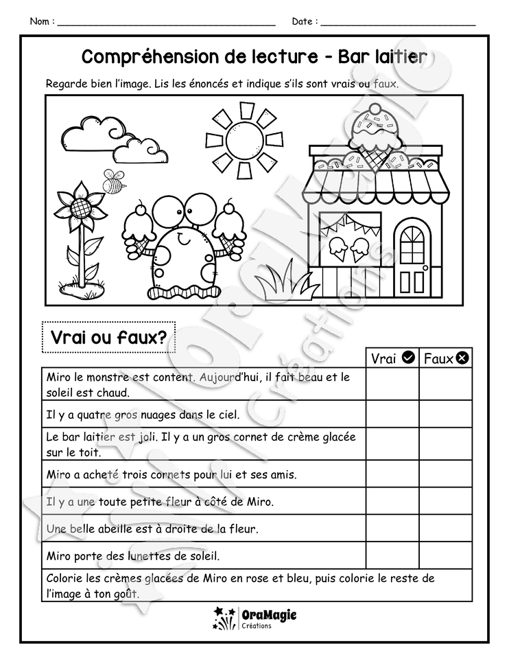 Compréhension de lecture - VRAI OU FAUX - Bar laitier - 1re année - 2$.pdf