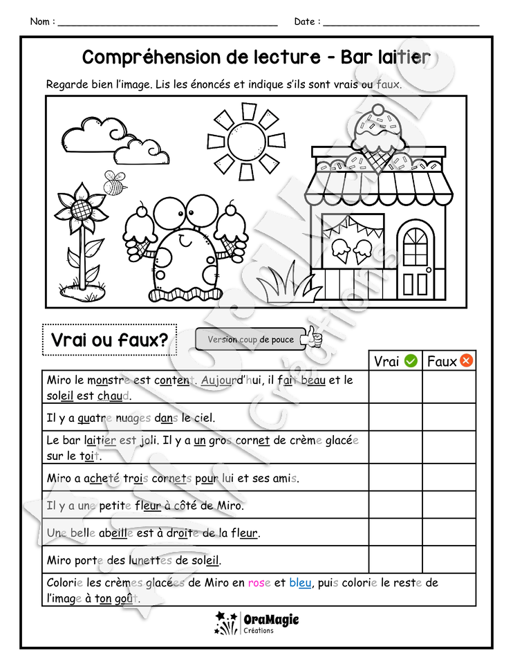 Compréhension de lecture - VRAI OU FAUX - Bar laitier