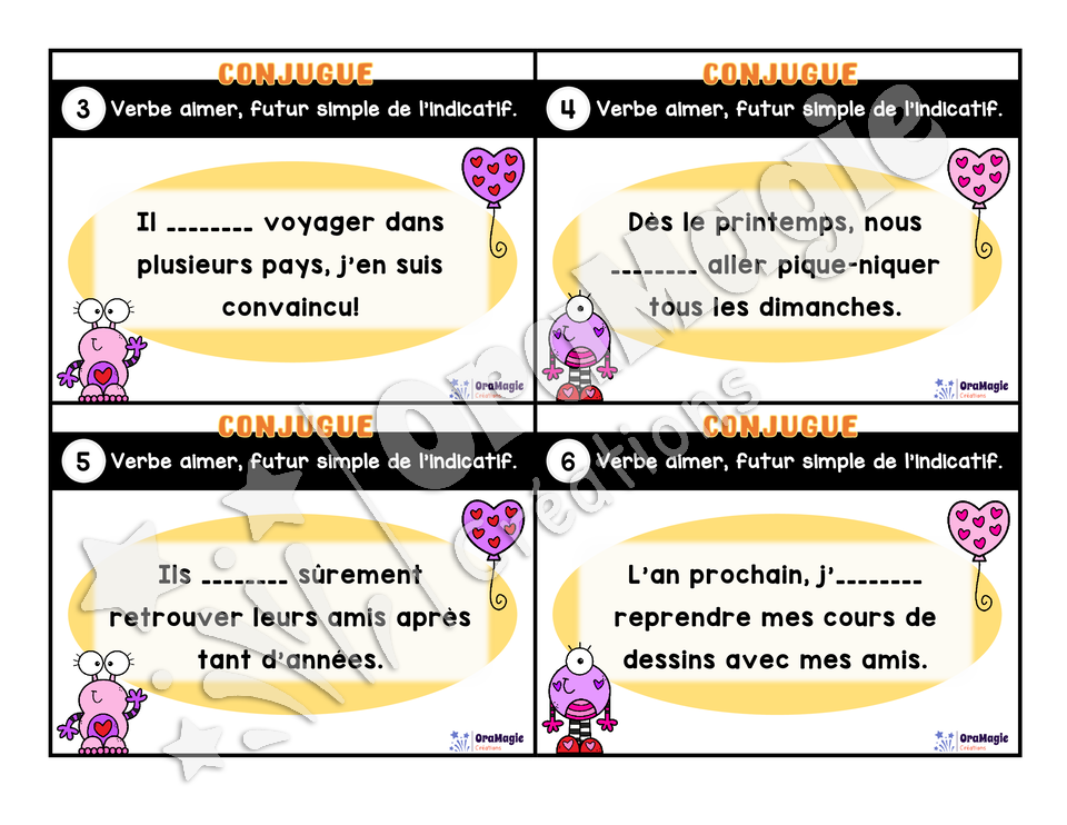 Cartes à tâches - Mon verbe en cartes - Verbe AIMER futur simple de l'indicatif