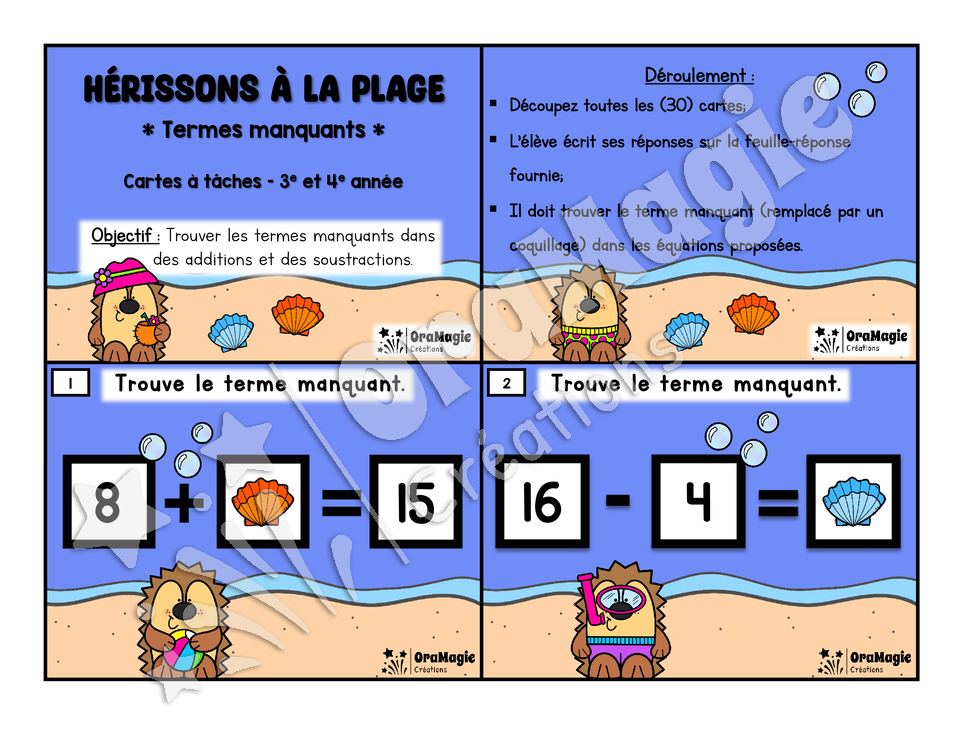 Cartes à tâches - Hérissons à la plage - Terme manquant soustraction.pdf