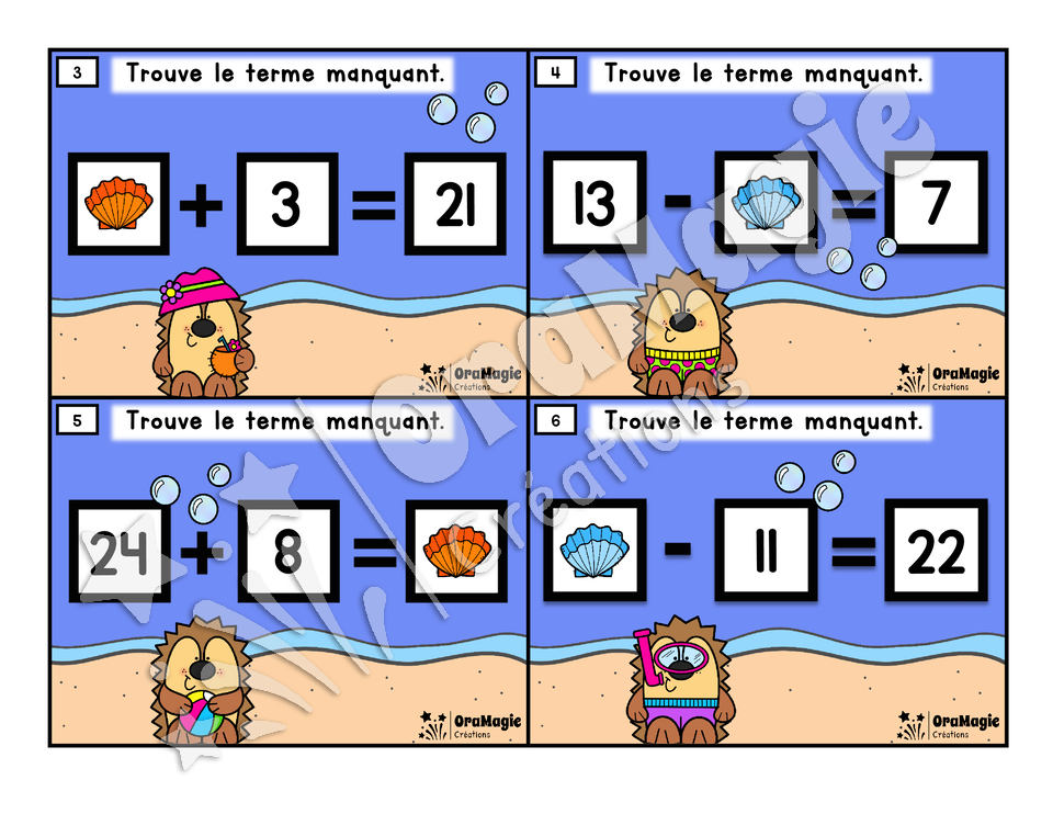 Cartes à tâches - Hérissons à la plage - Terme manquant addition et soustraction - 3e et 4e année