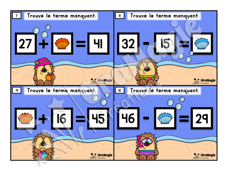 Cartes à tâches - Hérissons à la plage - Terme manquant addition et soustraction - 3e et 4e année