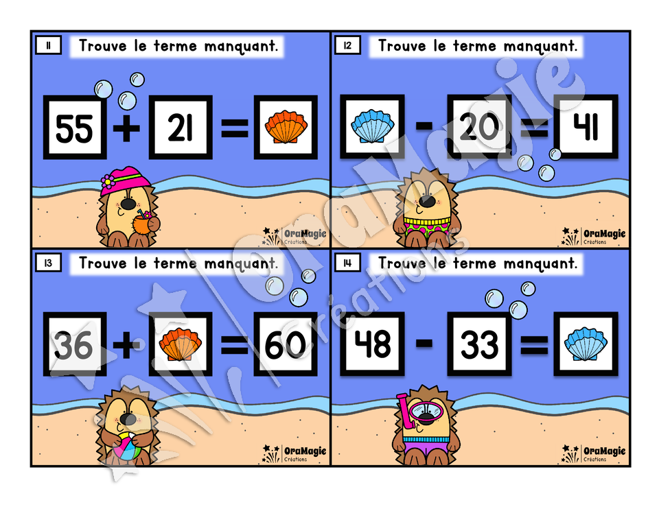 Cartes à tâches - Hérissons à la plage - Terme manquant addition et soustraction - 3e et 4e année