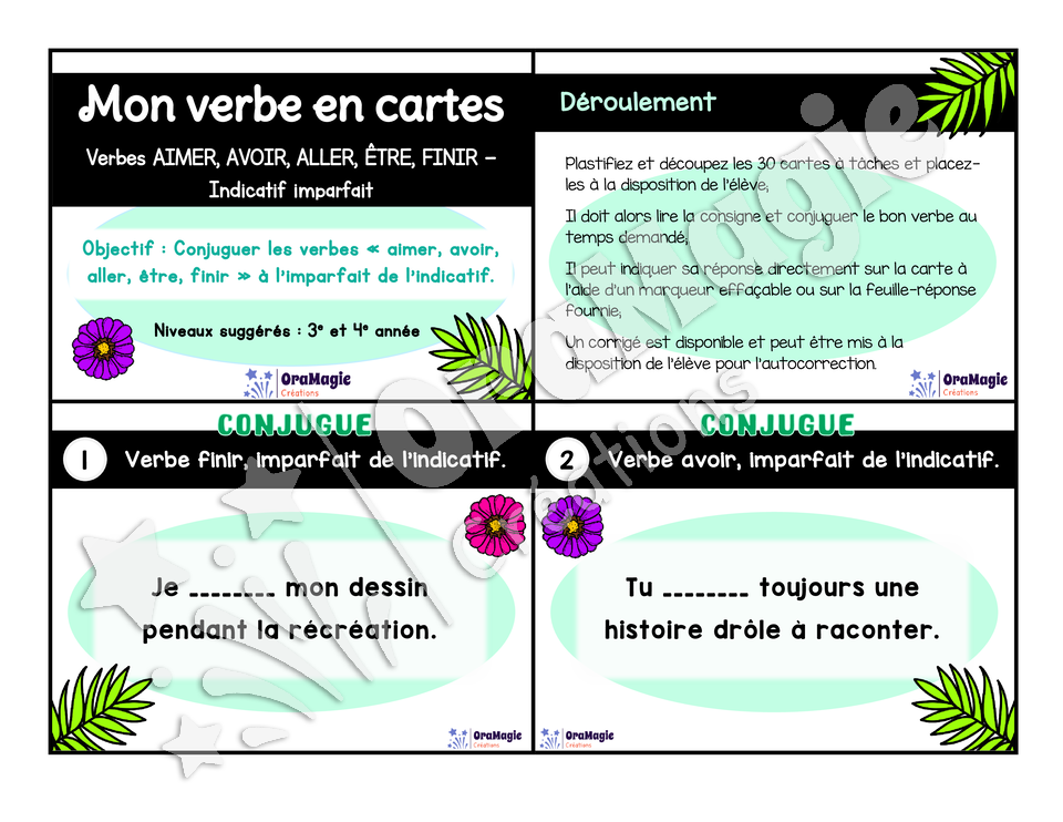 Cartes à tâches - Mon verbe en cartes - Verbes AIMER, AVOIR, ALLER, ÊTRE, FINIR imparfait de l'indicatif - 3e et 4e année.pdf