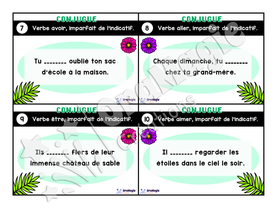 Cartes à tâches - Mon verbe en cartes - Verbes AIMER, AVOIR, ALLER, ÊTRE, FINIR imparfait de l'indicatif