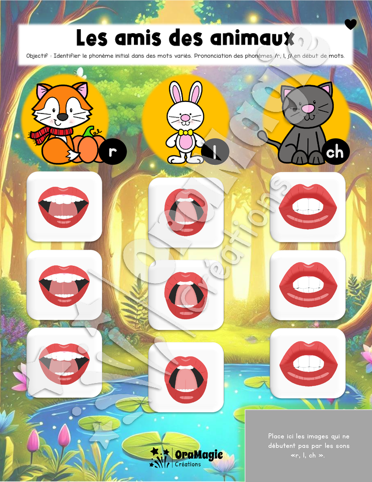Les amis des animaux - Identification du phonème initial et prononciation phonèmes variés