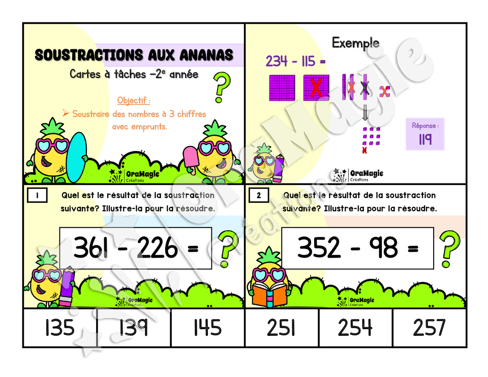 Cartes à tâches - Soustractions aux ananas - Soustractions de nombres à 3 chiffres avec emprunts - 2e année primaire - 6$.pdf