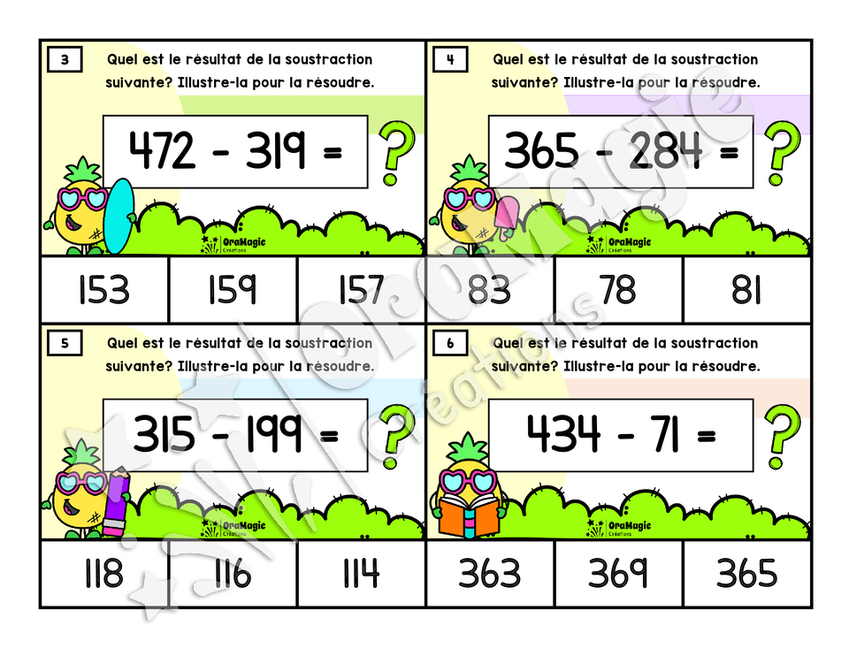 Cartes à tâches - Soustractions aux ananas - Soustractions de nombres à 3 chiffres avec emprunts