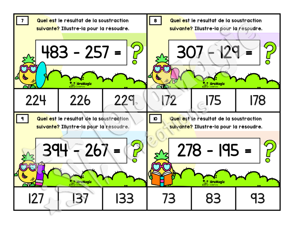 Cartes à tâches - Soustractions aux ananas - Soustractions de nombres à 3 chiffres avec emprunts